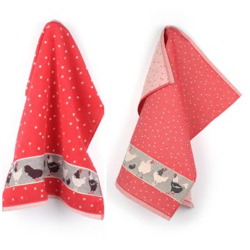 Kitchen and Tea Towel Chickens Red 