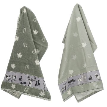 Kitchen and Tea Towel Forest Animals Dark Green GOTS
